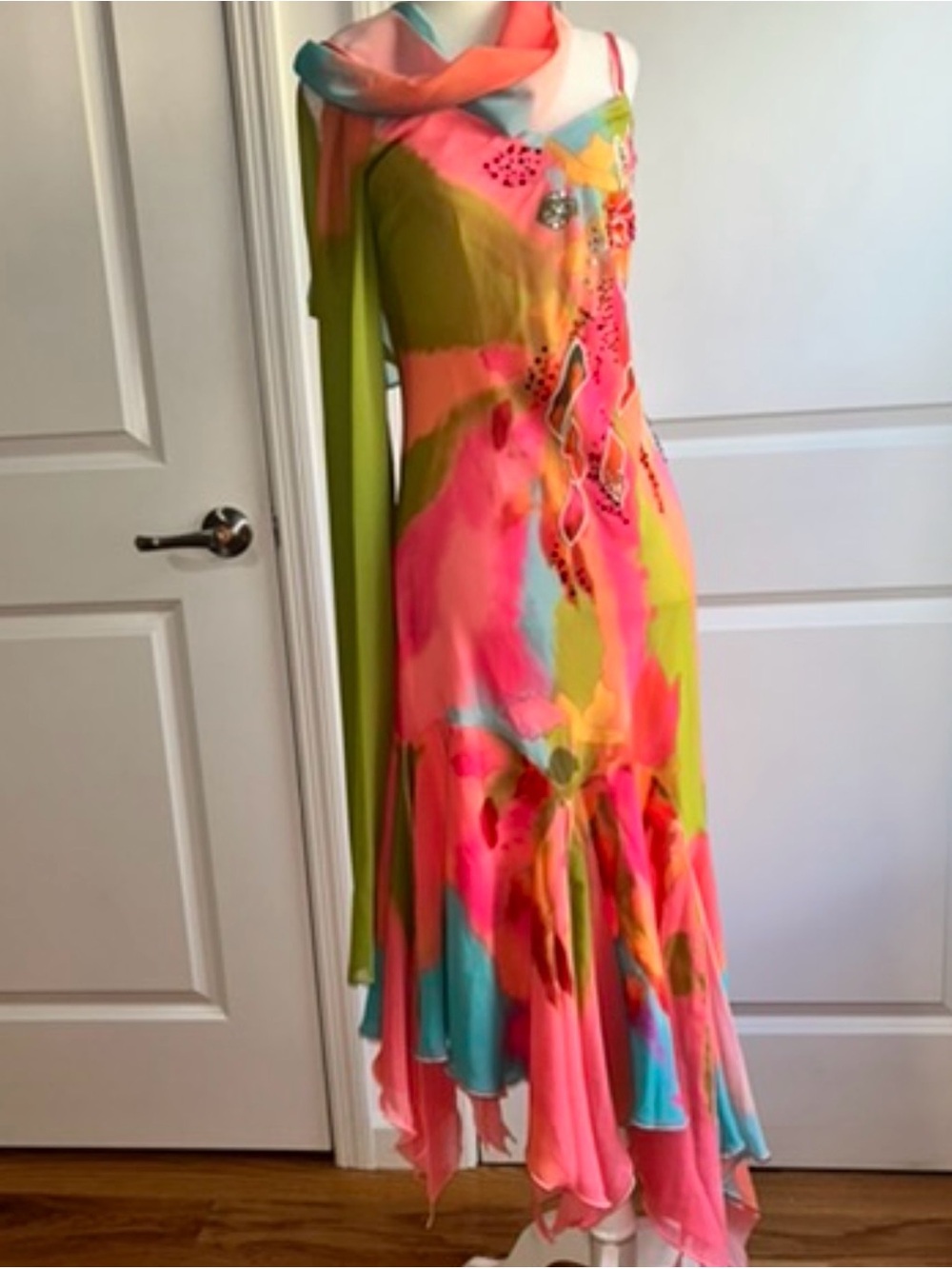 Multicolor Watercolor Halter Maxi Dress - Pink/Green